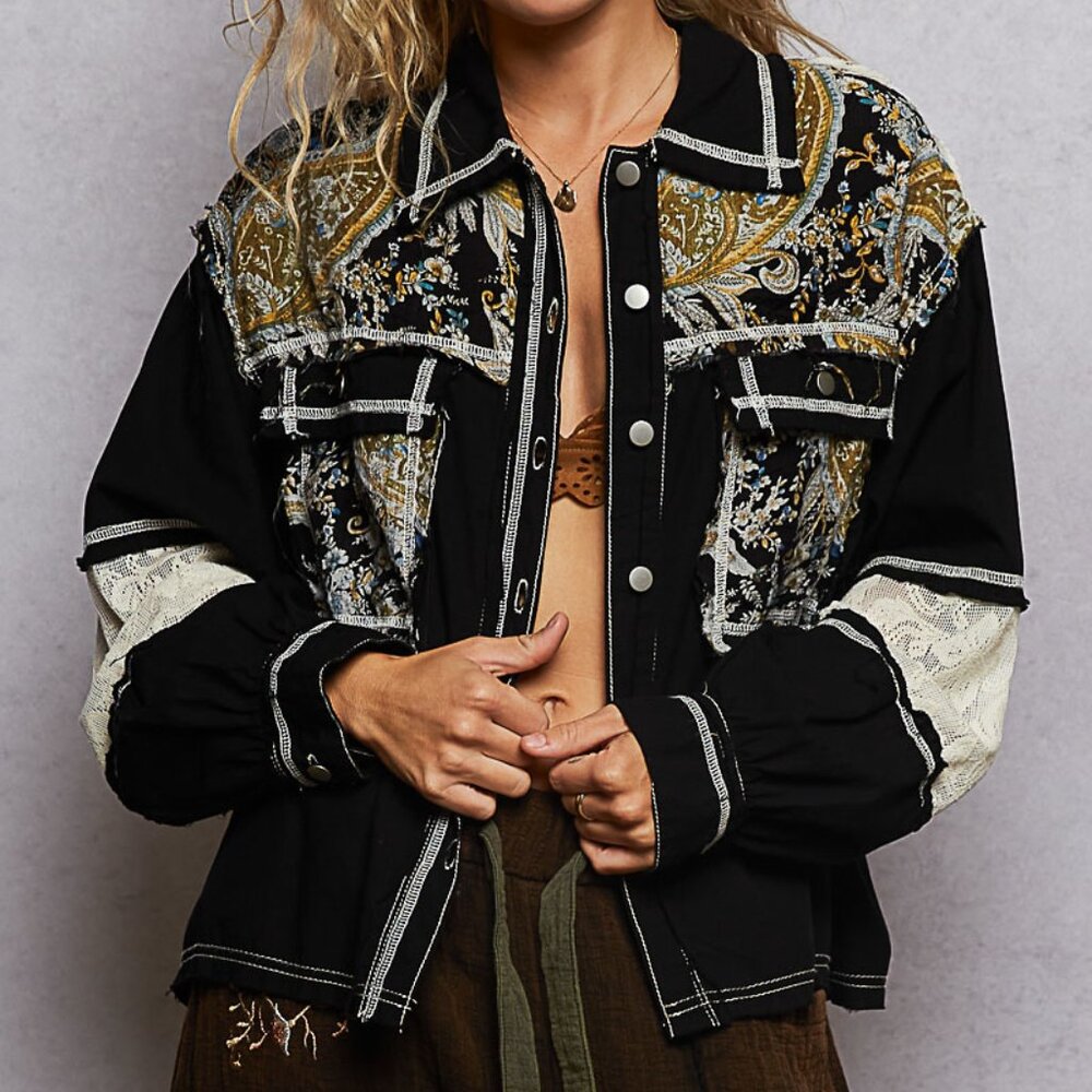 POL Printed Woven Mix Raw Hem Jacket with Lace Detail